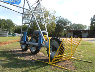 Drive over gate set up for irrigation pivot wheels
