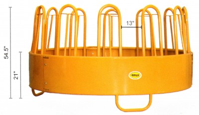 A large yellow horse hay feeder.