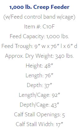 creep feeder specification chart