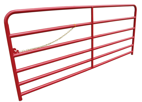 A red livestock gate with a locking chain attached
