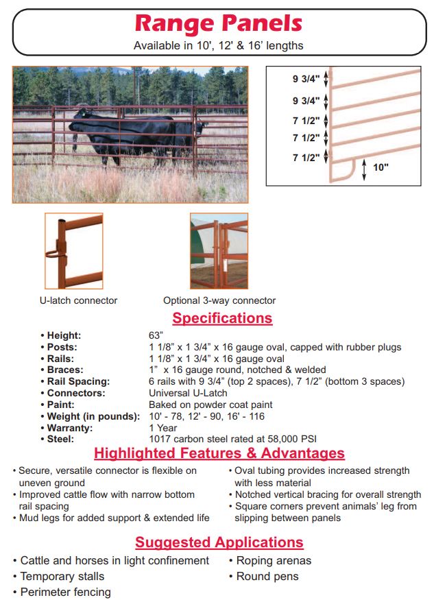 cattle range panel specification chart