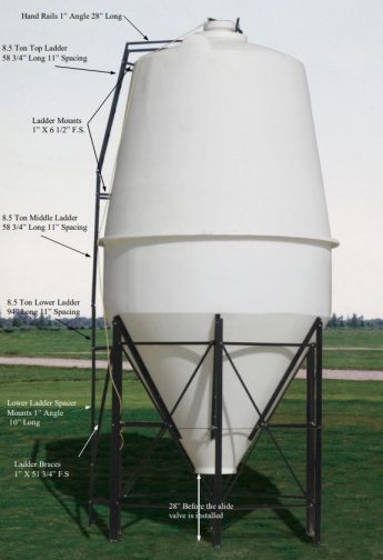 Fully assembled 8.5-ton poly bulk grain bin with ladder, slide valve and 6-leg steel frame