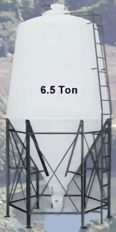 Large 6.5-ton poly grain bin installed outdoors on farm with 6-leg steel frame