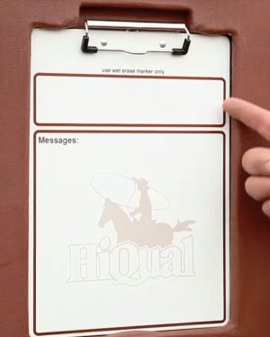 clipboard on stall hay feeder