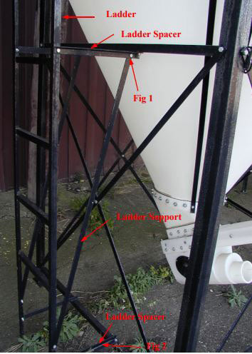 Technical diagram showing how access ladder bolts to poly grain bin steel frame