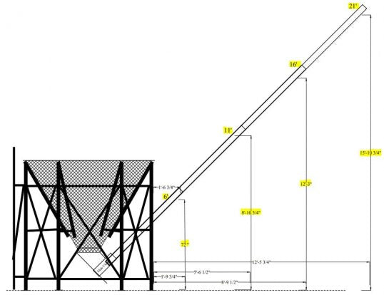 Diagram showing grain bin auger discharge heights at each auger length using a 45-degree boot