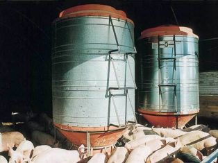 large hog feeder with pigs feeding from it