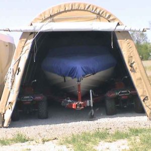 Garage shelter with tan exterior