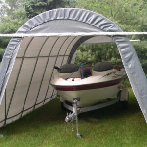 Garage shelter with gray colored exterior