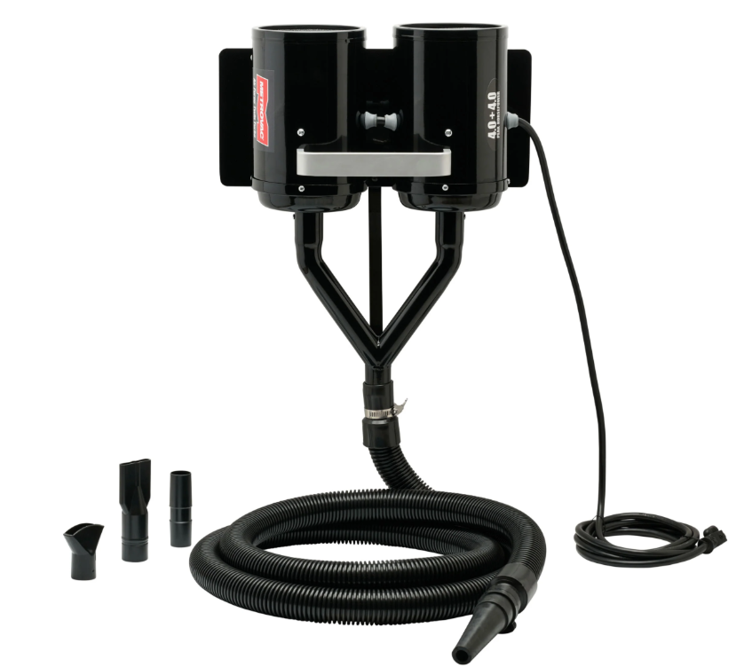 twin turbo animal dryer hanging from mounting plate