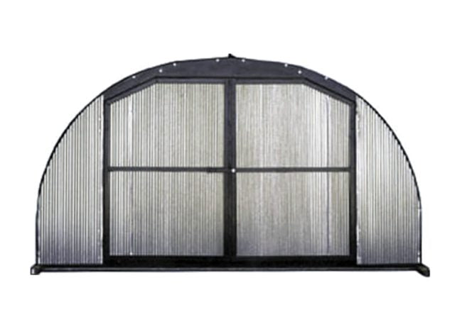 front of metal shelter with doors closed