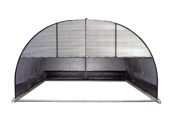 font of the metal animal shelter with the doors closed